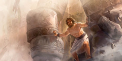 Samson z vso močjo potiska stebra in tempelj se začne rušiti.