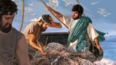 Apostle Peter fear and surprise as their boat start to sink because of the plenty fish wey Jesus help them catch. Jesus de sofri listen to Peter as im men de struggle to drag the net enter inside boat.