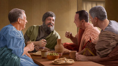 El apóstol Pedro comiendo con algunos cristianos de origen no judío.