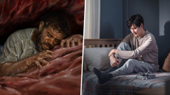 Collage: 1) Jonàs ora ferventment des de la panxa d’un peix. 2) Un germà ora intensament en el seu dormitori. Al seu costat té una bíblia i un mòbil amb auriculars.