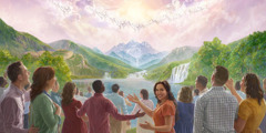 Ангелы на небе и люди на райской земле радостно восхваляют Иегову.