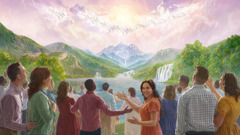 På billedet ser man engle i himlen og mennesker i Paradiset på jorden der alle sammen priser Jehova.