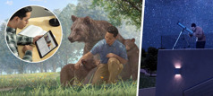 A brother using the chart “The Message of the Bible” in Appendix B1 of the “New World Translation” to enhance his Bible reading. Collage: 1. In the new world, the brother pets a bear cub alongside the cub’s mother and another cub. 2. He uses a telescope to observe the countless stars in the night sky.