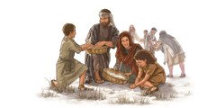 Israelilaisperhe kerää muiden kanssa mannaa erämaassa.