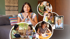 Collage: 1. A sister prays. 2. She listens as another sister expresses herself. 3. She video calls an elderly sister who is sick. 4. She writes a note to send with a gift. 5. She shares a meal with a sister who has her arm in a sling.