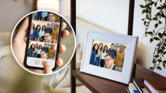 An inset showing a brother deleting one of several photos of a group of brothers and sisters from his smartphone. Another photo of the group, now printed and framed, sits on a shelf.