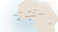 A map of West Africa, showing some of the places where Israel Itajobi lived and served: Conakry, Guinea; Sierra Leone; Niamey, Niger; Kano, Orisunbare, and Lagos, Nigeria.