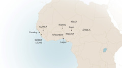 Un mapa de l’Àfrica occidental on es veuen els diferents llocs on va viure i servir l’Israel Itajobi: Conakry, Guinea, Sierra Leone, Niamey, Níger, Kano, Orisunbare i Lagos, a Nigèria.