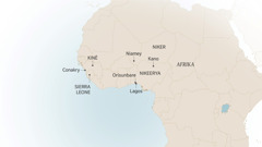 Een lantkhaart fom Oëst Afrika, woo tsaycht etliche pletse woo Israel Itajobi keleept un ketiint hot: Conakry (Kinë); Sierra Leone; Niamey (Niker); Kano, Orisunbare un Lagos (Nikeerya).