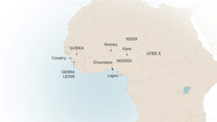 Cartina dell’Africa occidentale in cui sono indicati alcuni dei posti in cui Israel Itajobi ha vissuto e ha servito: Conakry (Guinea), Sierra Leone, Niamey (Niger), Kano, Orisunbare e Lagos (Nigeria).