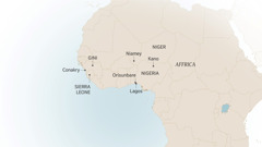 Map o Orllewin Affrica, yn dangos rhai o’r llefydd y gwnaeth Israel Itajobi fyw a gwasanaethu: Conakry, Gini; Sierra Leone; Niamey, Niger; Kano, Orisunbare, a Lagos, Nigeria.