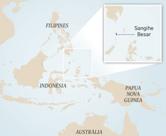 Un mapa d’Indonèsia i els països del voltant. Un requadre mostra la petita illa de Sangihe Besar.