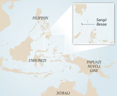 A map of Indonesia and surrounding countries. An inset shows the small island of Sangir Besar.