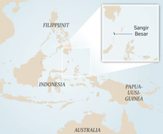 Kartta, jossa näkyy Indonesia ja sen naapurimaita. Pikkukuvassa on pieni Sangir Besarin saari.