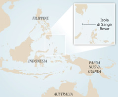 Una cartina dell’Indonesia e delle nazioni vicine. Nel riquadro si vede la piccola isola di Sangir Besar.