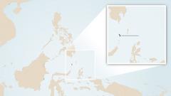 Mapa de Indonesia y otros países de los alrededores. En un recuadro ampliado se ve la pequeña isla de Sangir Besar.