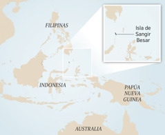 Mapa de indonecia niman okseki paises tlen onokej iyeualiujyan. Ipan se cuadro, nisiuj nesi pitentsin isla de Sangir Besar.