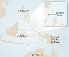 Een kaart van Indonesië en de omliggende landen. Op de inzet is het eiland Sangihe Besar te zien.