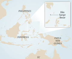 Bản đồ Indonesia và những nước xung quanh. Hình nhỏ hiển thị hòn đảo nhỏ là Sangir Besar.