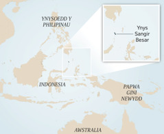 Map o Indonesia a’r gwledydd cyfagos. Mae’r llun bach yn dangos yr ynys fach Sangir Besar.