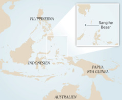 En karta över Indonesien och länderna runt omkring. Infällt på en mindre bild finns en karta som visar var den lilla ön Sangihe Besar ligger.