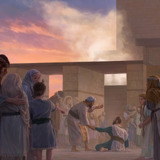 Esdras com outros israelitas no templo estão chorando. Secanias está em pé e encoraja Esdras.
