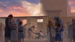 Ezra with other Israelites at the temple, mourning. Shecaniah helps Ezra to his feet.
