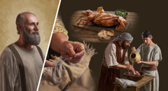 Collage: The apostle Paul and three “works of Law” required by the Mosaic Law. 1. A person sews blue thread onto the fringe of a garment. 2. The Passover meal, comprised of a roasted lamb, unleavened bread, and bitter greens. 3. A man washes his hands as another man pours water over them.