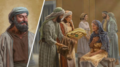 Collage: The disciple James and an example of a kind deed. A first-century Christian couple happily gives food and clothing to a poor older woman while others in fine clothing converse in the background.