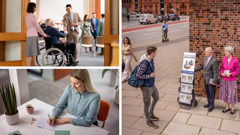 Collage: Brothers and sisters showing faith by their works. 1. A brother greets a man in a wheelchair and his caregiver as they arrive at a congregation meeting. 2. A sister prepares a handwritten card. 3. A couple does cart witnessing.