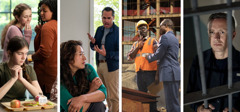 Collage: Christians undergoing tribulations. 1. A young sister about to pray before eating lunch at school notices two girls whispering behind her back. 2. A sister is yelled at by her non-Witness husband. 3. A brother refuses a bribe at a worksite. 4. A brother looks out of his prison cell.