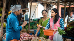 A young sister accompanied by her mother, negotiating with a produce vendor at an outdoor market.