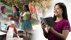 Collage: The young sisters shown earlier sharing happily in theocratic activities. 1. The sister who meditated on what she read holds an open Bible and smiles confidently. 2. The sister who negotiated with a vendor sets a dining room table at Bethel. 3. The sister who read the brochure reads a scripture to a woman while in the ministry. 4. The sister who noticed a single brother at the Kingdom Hall does cart witnessing with an older sister.