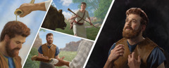 סדרת תמונות:‏ דוד מהרהר בדרכים שבהן יהוה עזר לו בעבר וממשיך לעזור לו.‏ 1.‏ בתור נער,‏ דוד משתמש במטה שלו כדי להילחם בדוב.‏ 2.‏ הוא מקבל מאחימלך את החרב של גוליית.‏ 3.‏ הוא נמשח בשמן.‏