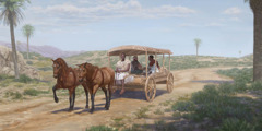 Filipe sentado ao lado do eunuco etíope explicando as Escrituras em um carro de quatro rodas puxado por cavalos.