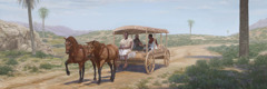 Philip sitting alongside an Ethiopian man and explaining the Scriptures to him in a four-wheeled horse-drawn carriage with a driver.