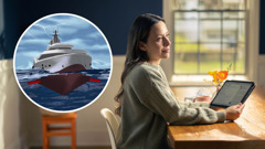 A sister meditating on what she read while doing personal study using the “JW Library” app. An inset shows a ship with its stabilizers extended underwater during a storm.