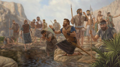 Davi dando louvor a Jeová enquanto os homens que estão com ele bebem água em um riacho.