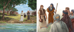 مجموعه‌ای از تصاویر:‏ ۱)‏ موسی در مقابل مردان اسرائیلی،‏ یوشَع را منصوب می‌کند.‏ ۲)‏ در حالی که ایلیا می‌خواهد ردایش را به رود اردن بزند،‏ اِلیشَع به او نگاه می‌کند.‏ انبیای دیگر نزدیک آن‌ها ایستاده‌اند.‏