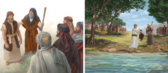Conjunto de imagens: 1. Moisés designa Josué como líder na frente de um grupo de homens israelitas. 2. Eliseu observa como Elias bate o rio Jordão com sua roupa. Outros profetas estão observando ali perto.