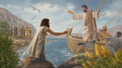 Jesus leaving the region of the Gerasenes in a boat while he talks with the formerly demonized man who is on the shore.