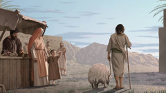 Назиреј с дугом косом иде путем и води овцу. Израелци који стоје у близини прате га погледом и ругају му се.