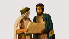 الملك حزقيا يستمع باحترام فيما يشرح النبي إشعيا مقطعًا من الأسفار المقدسة