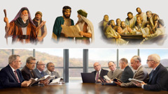 Collage: 1. Joshua listens respectfully while Moses speaks. 2. King Hezekiah listens respectfully while the prophet Isaiah discusses a scroll. 3. The apostles and the older men in Jerusalem meet together. 4. A meeting of the Governing Body today.