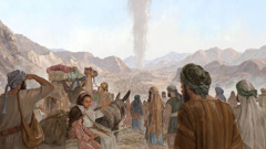 Uma multidão de israelitas — homens, mulheres e crianças — seguindo a coluna de nuvem no deserto.