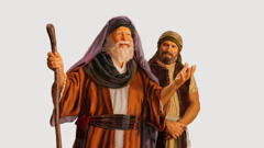 Josué escutando com atenção enquanto Moisés fala.