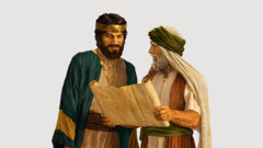 O rei Ezequias escutando com atenção enquanto o profeta Isaías explica algo que está em um rolo.