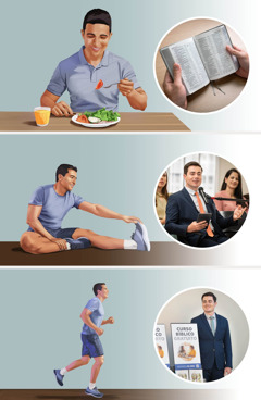 Collage: 1. An athlete eats a nutritious meal; inset shows a brother reading the Bible. 2. The athlete stretches; inset shows the brother commenting at a meeting. 3. The athlete runs; inset shows the brother participating in cart witnessing.