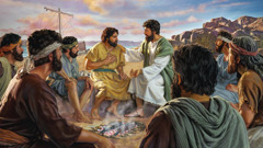 Jesus talking with Peter while fish are being cooked over a fire. Other apostles listen attentively.