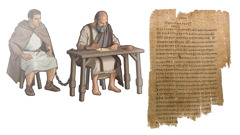 Collage: 1. The apostle Paul writes a letter while chained to a Roman soldier. 2. An early copy of Paul’s letter to the Ephesians.